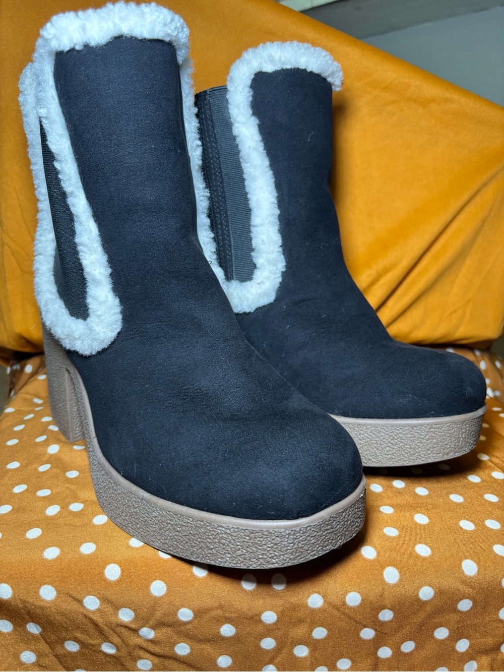 Torrid Size 8.5WW Black Faux-Suede Wedge Ankle Boots with Shearling Trim